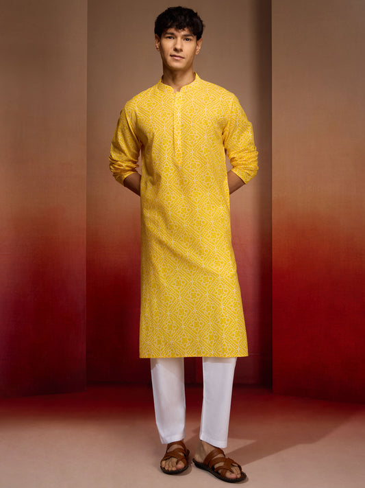 Yellow Cotton Casual Wear Men'S Kurta Set