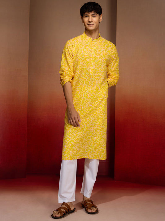 Yellow Cotton Casual Wear Men'S Kurta Set