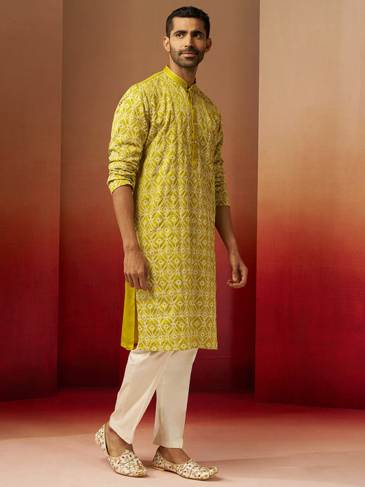 Green Silk Wedding Wear Men'S Kurta Set