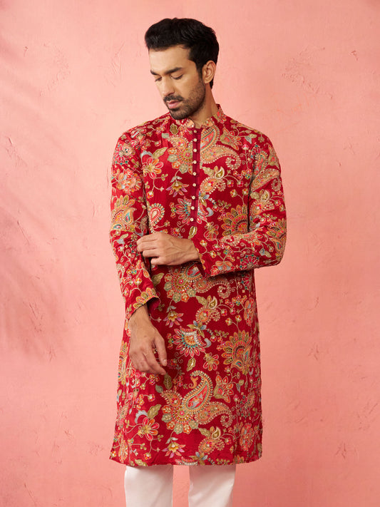 Maroon Silk Blend Party Wear Men's Kurta