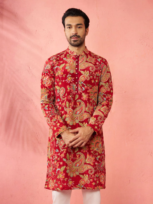 Maroon Silk Blend Party Wear Men's Kurta