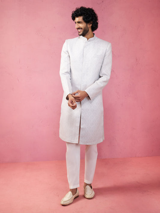 Grey Silk Blend Wedding Men's Sherwani Set