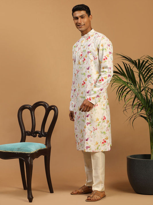 Men's Cream Printed Cotton Blend Kurta and Cream Viscose Pant Set