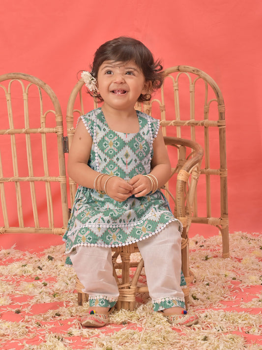 Green Cotton Diwali Wear Girls Kurta Set