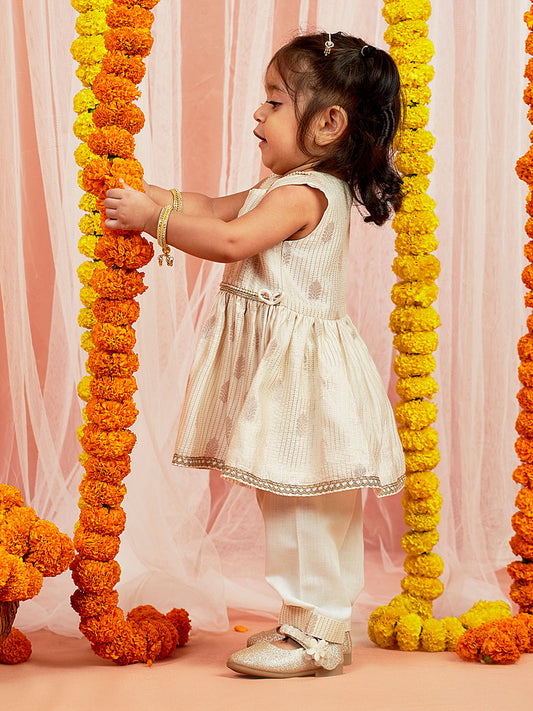 Cream Cotton Diwali Wear Girls Kurta Set