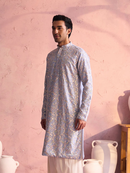Powder Blue Georgette Wedding Men's Kurta