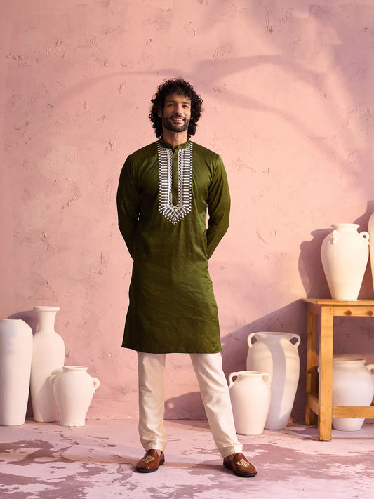 Mehendi Green Viscose Wedding Men's Kurta