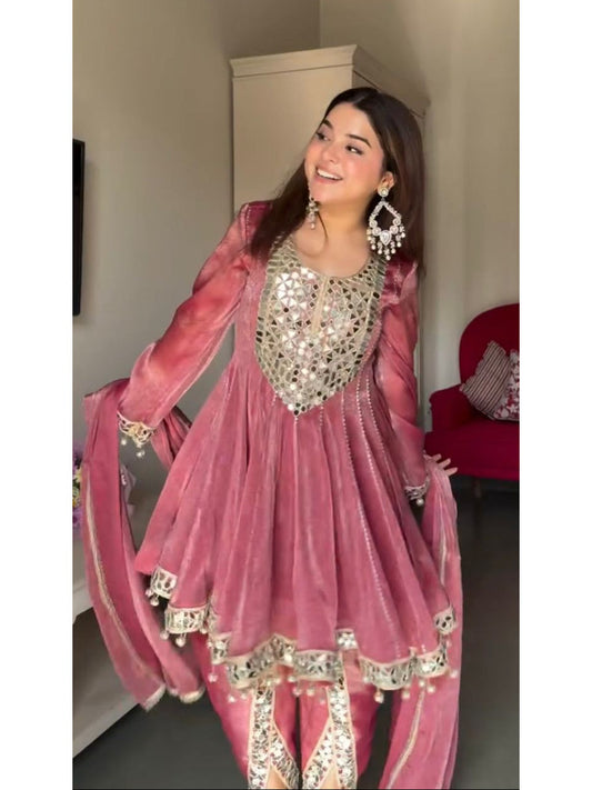 Mauve Gold Crush Dhoti Set with Mirror Work