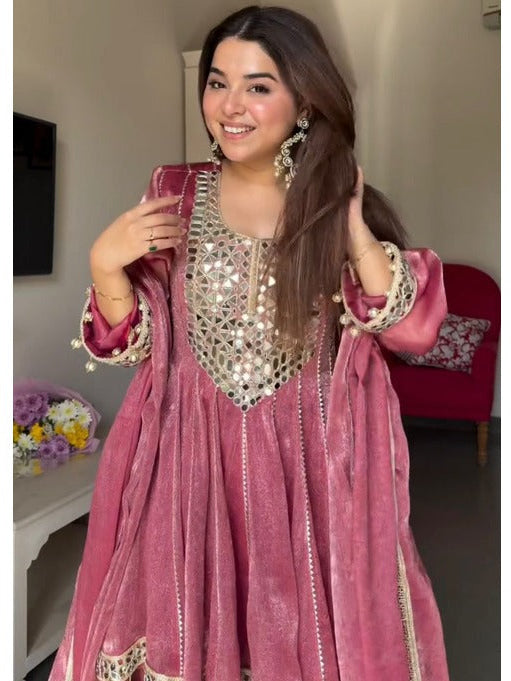 Mauve Gold Crush Dhoti Set with Mirror Work