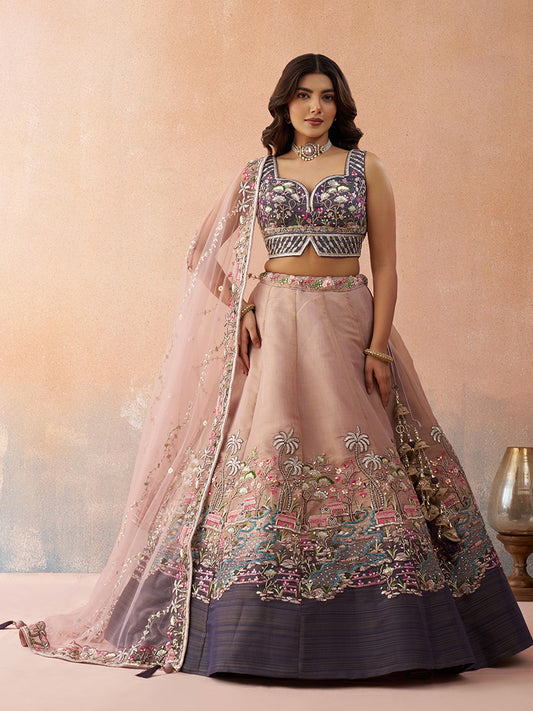 Ombre Purple and Mauve Sequins Embroidered Semi-Stitched Lehenga Set