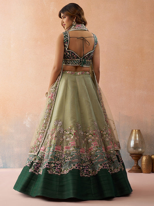 Ombre Green and Lime green Net Sequins Embroidered Semi-Stitched Lehenga Set