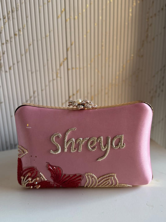 Customized Floral Embroidered Clutch with Flower Knob - Pinks