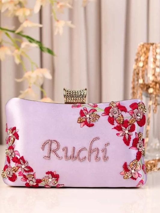 Customized Floral Embroidered Clutch with Cylindrical Knob