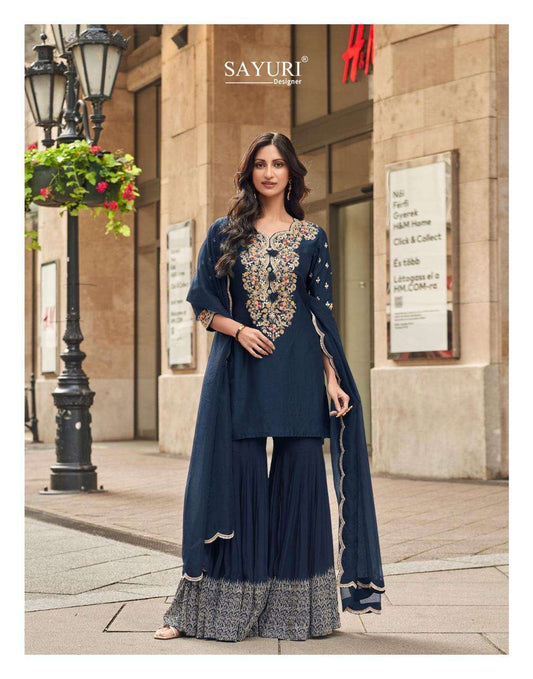 Navy Blue Embroidered Kurta Sharara Suit with Designer Dupatta