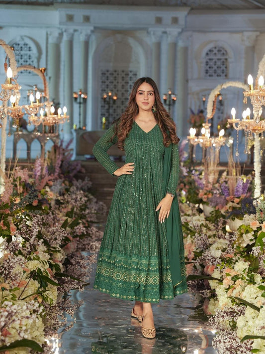 Embroidery Zari Sequins-work Faux Georgette Green Gown with Dupatta
