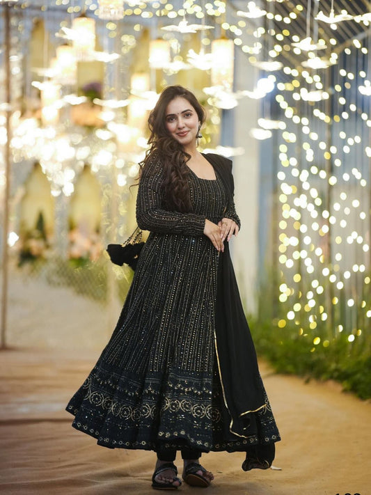 Embroidery Zari Sequins-work Faux Georgette Black Gown with Dupatta