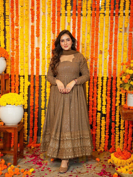 Embroidery Zari Sequins-work Faux Georgette Brown Gown with Dupatta