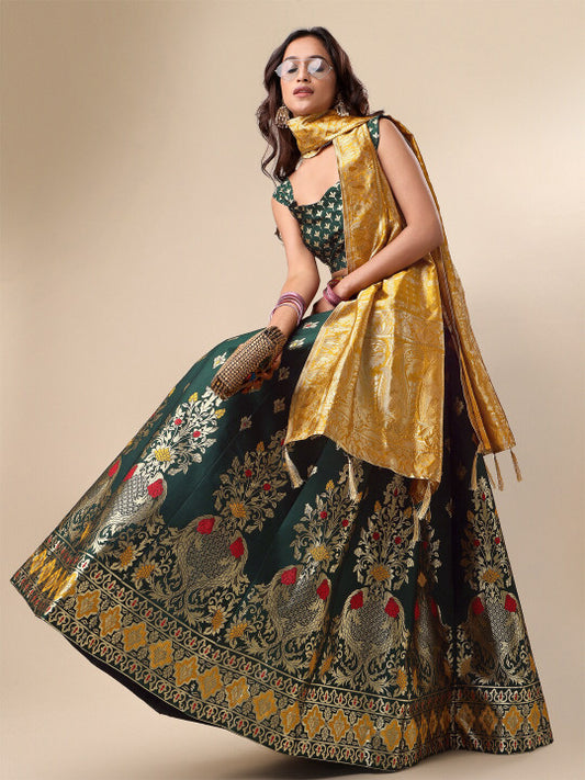 Ready to Wear Lehenga & Unstitched Blouse With Dupatta - Bottle Green