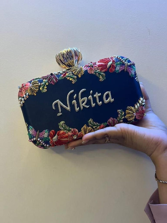 Customised Floral Embroidered Clutch