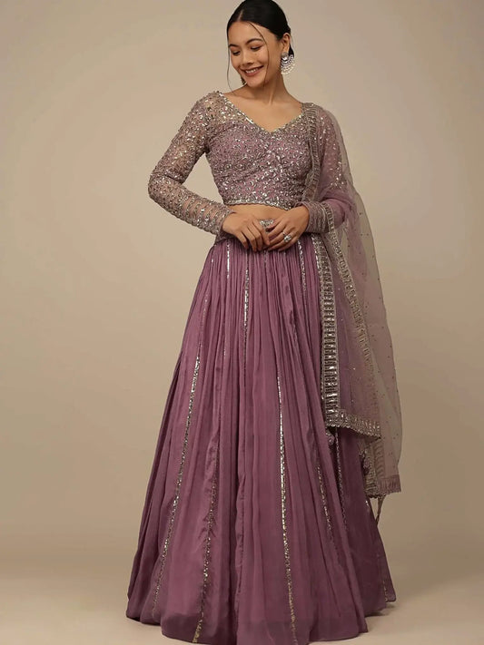 Pink sequins georgette reception wear lehenga choli for women