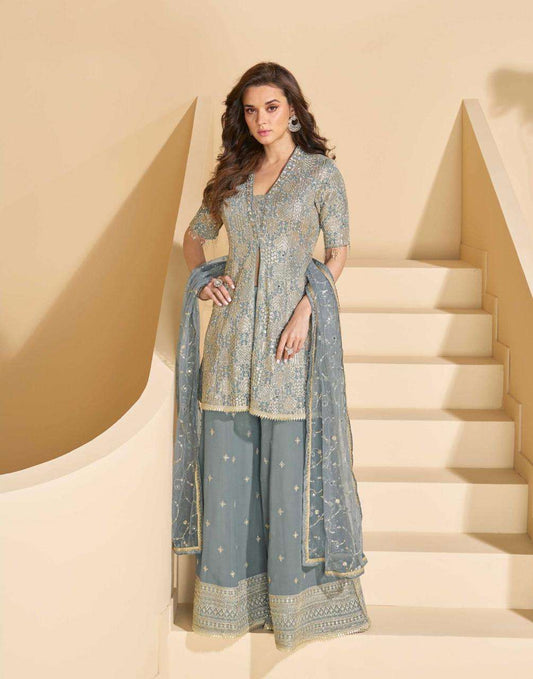Steel Grey Embroidered Kurta Palazzo Suit with Elegant Dupatta