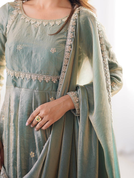 Dazzling Green Coding Work Silk Festive Wear Gown With Dupatta