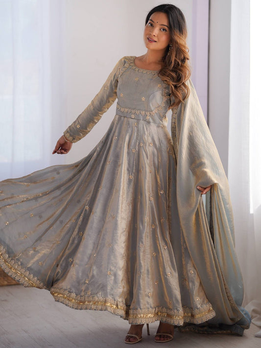 Fabulous Grey Sequins Work Silk Traditional Gown With Dupatta