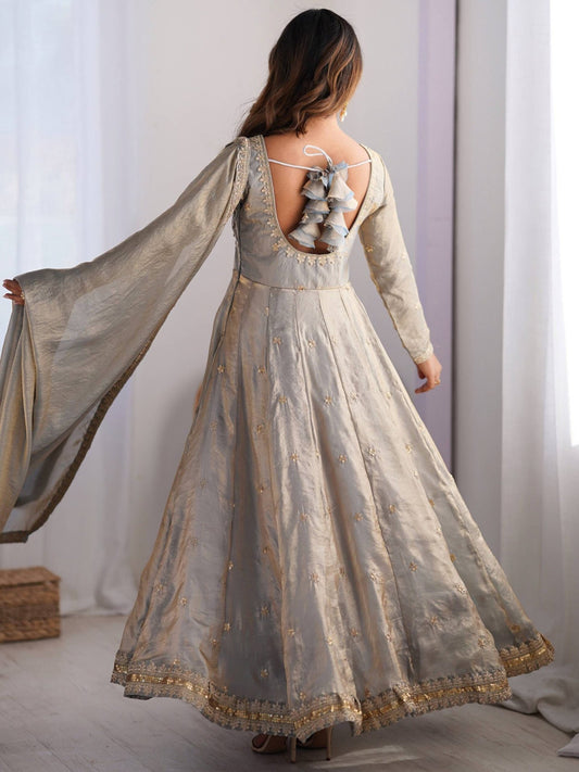 Fabulous Grey Sequins Work Silk Traditional Gown With Dupatta