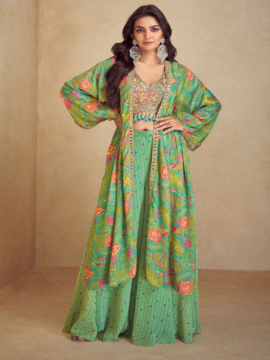 Lush Green Floral Jacket with Palazzo
