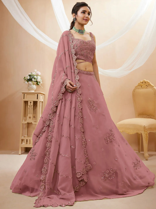 Pink & Silver-Toned Embroidered Sequinned Bridal Lehenga Choli Set With Dupatta