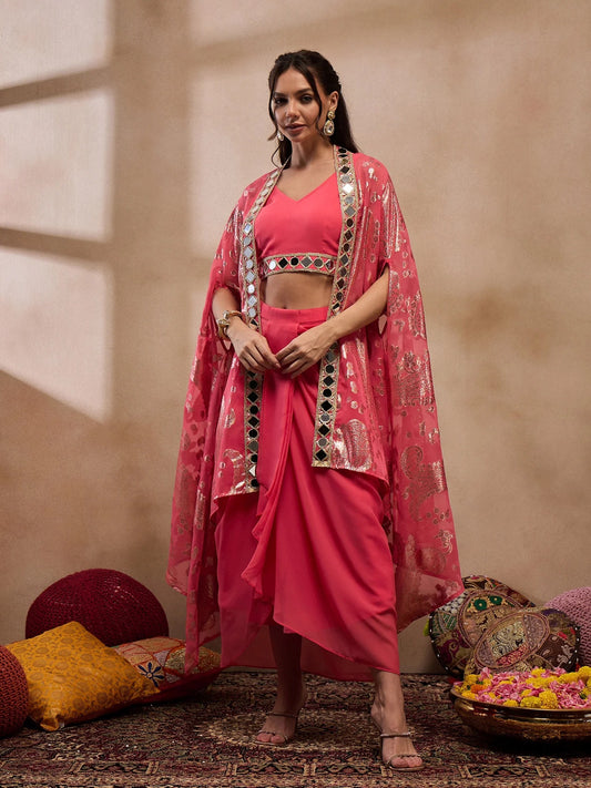 Coral V-Neck Crop Top With Draped Skirt & Cape