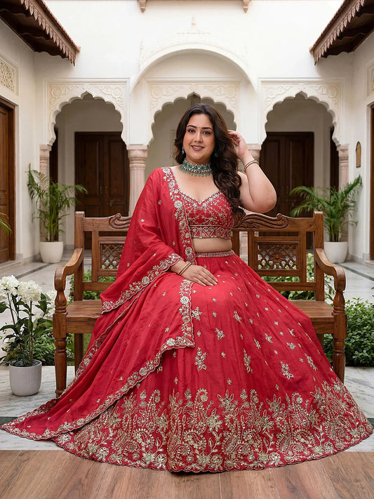 Adorable Red Embroidered Chinon Engagement Wear Plus Size Lehenga Choli