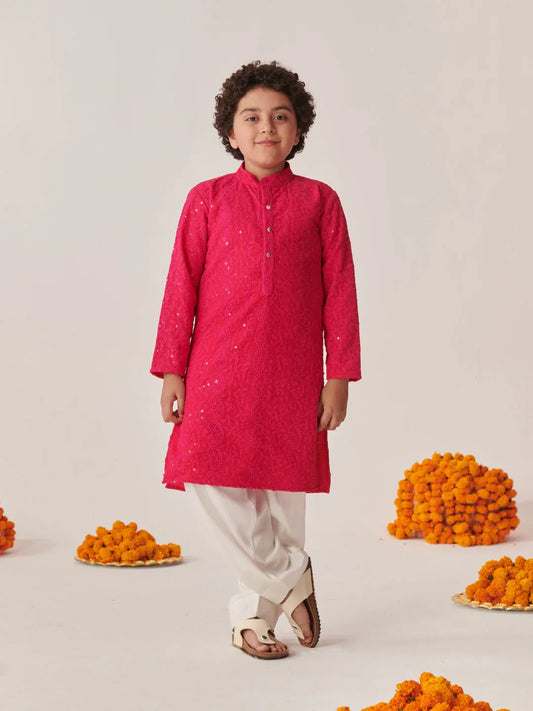 Boys Ethnic Magenta & White Embroidered Georgette Straight Fit Kurta Pyjama Set