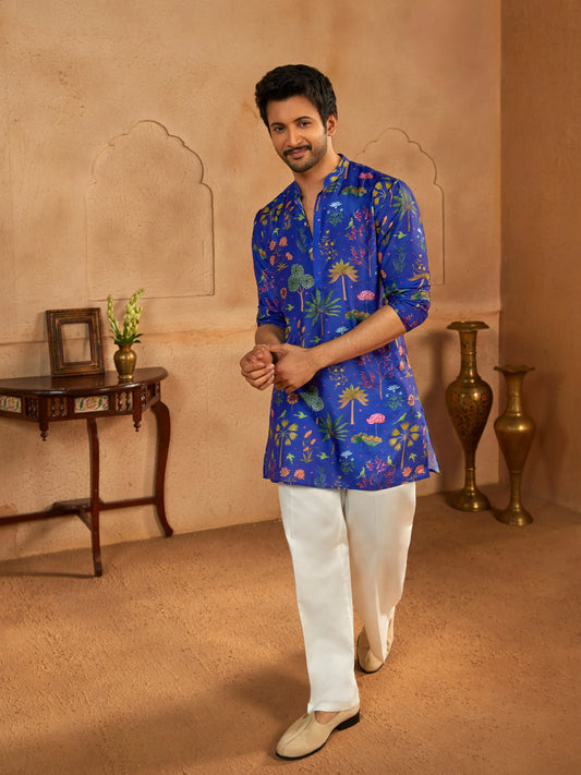 Floral Digital Print Band Collar Straight Kurta With Trousers