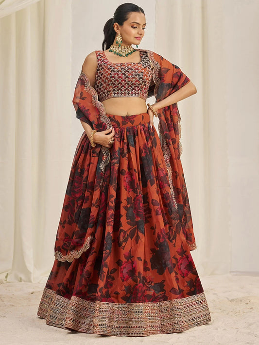 Stunning Orange Sequins Organza Party Wear Lehenga Choli With Dupatta