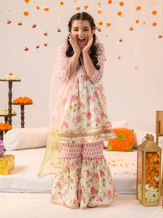 Girls Pink off white Floral Foil Printed Pure Cotton A-Line Kurta with Sharara & Dupatta