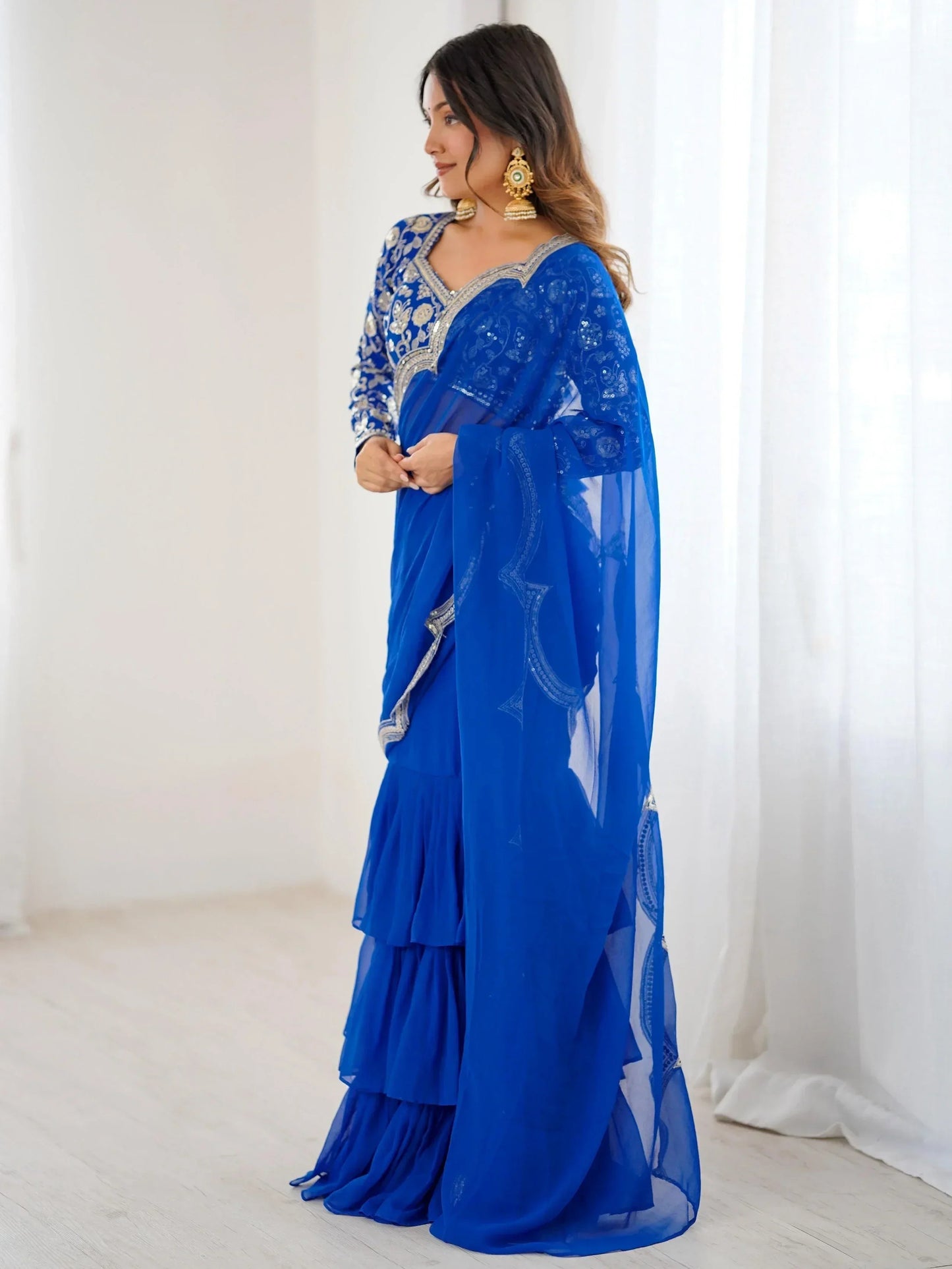 Blue Sequins Georgette Wedding Wear Lehenga Saree