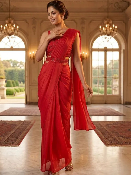 Red Sequin Embellished Party Wear Saree