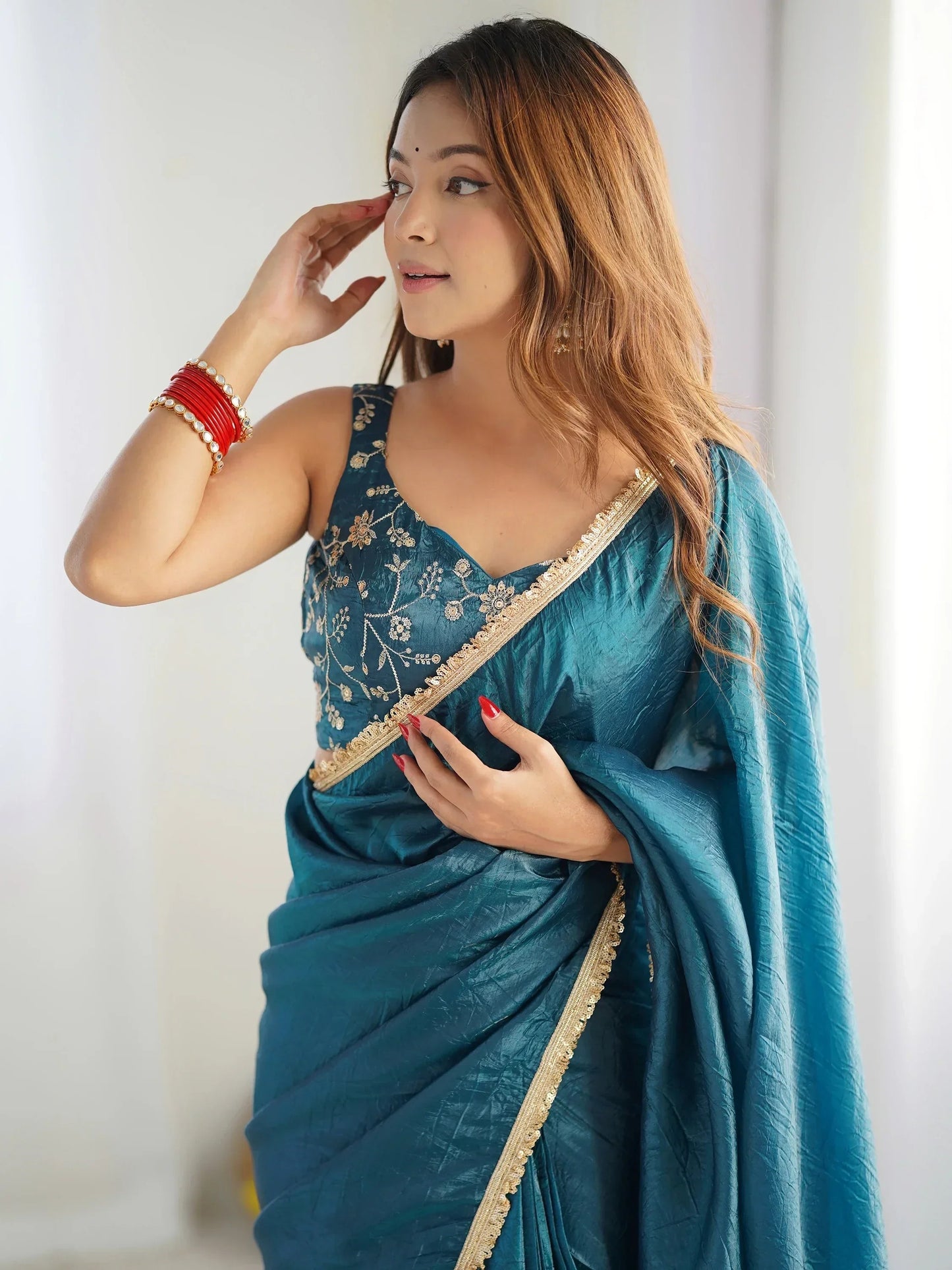 Teal Blue Tissue Silk Pre Stitched Saree With Blouse