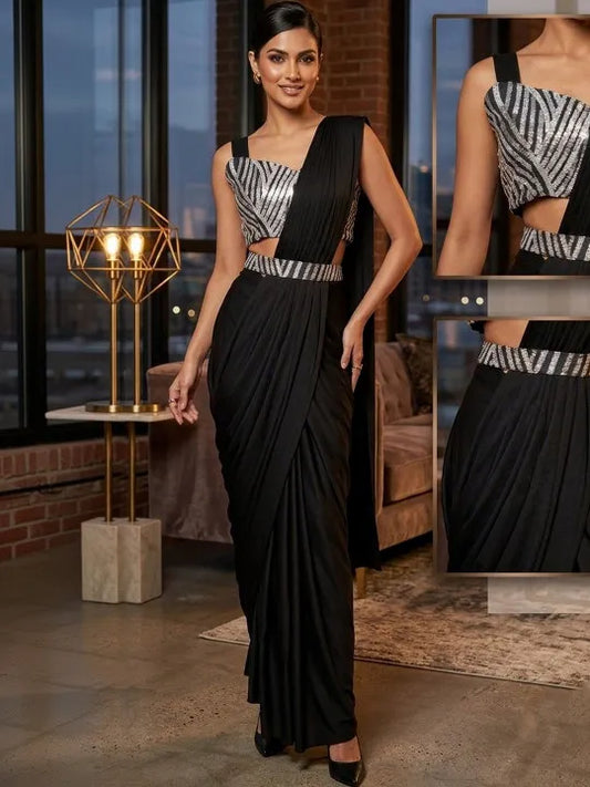 Silver Black Midnight Striped Designer Saree