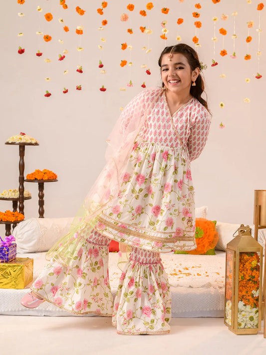 Girls Pink off white Floral Foil Printed Pure Cotton A-Line Kurta with Sharara & Dupatta