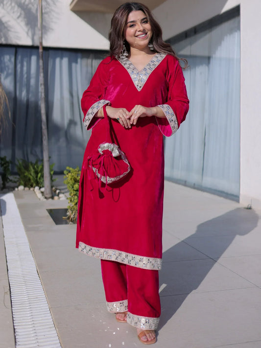 Crimson Red Velvet Embellished Kurta Pant Set with Potli Party & Festive Wear
