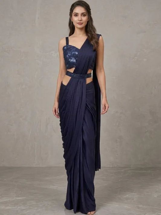 Dark Embellished Designer Saree in Midnight Blue & Wine Color