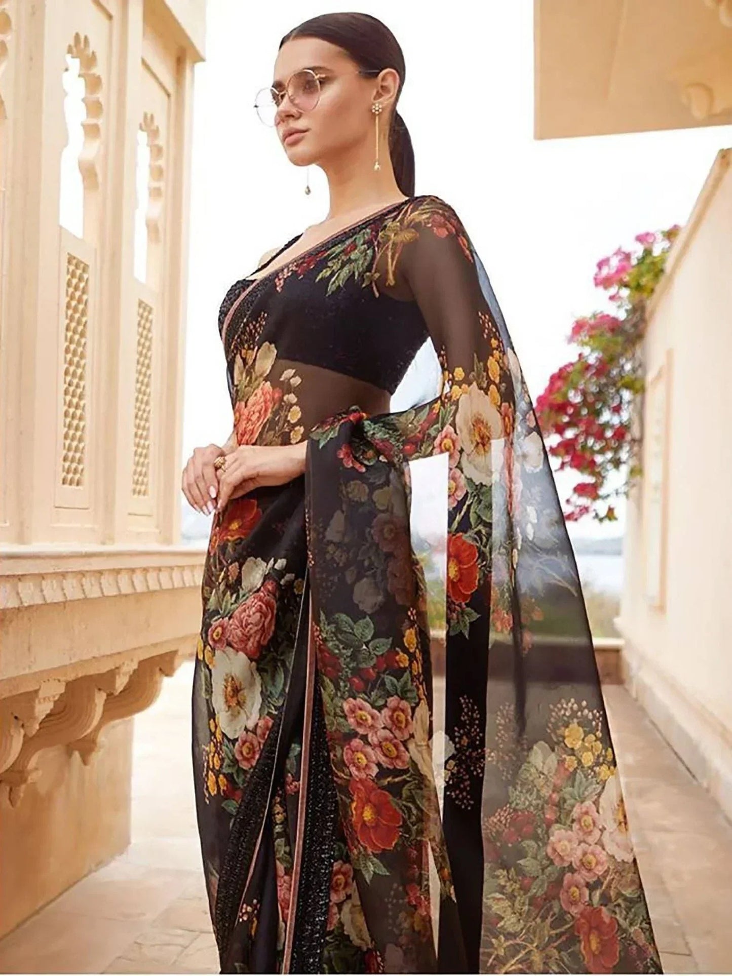 Sabyasachi Inspired Black Floral Organza Party Wear Saree