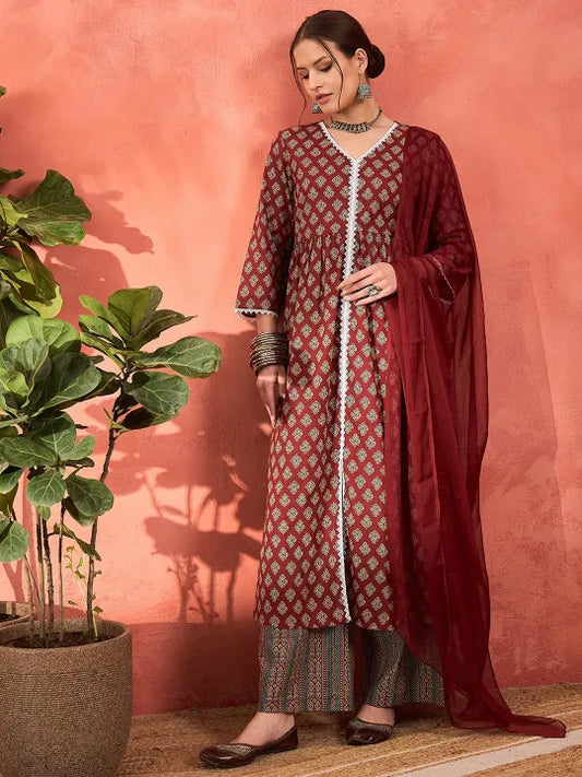 Floral Printed V-Neck Pure Cotton Cotton A-Line Kurta With Palazzos & Dupatta