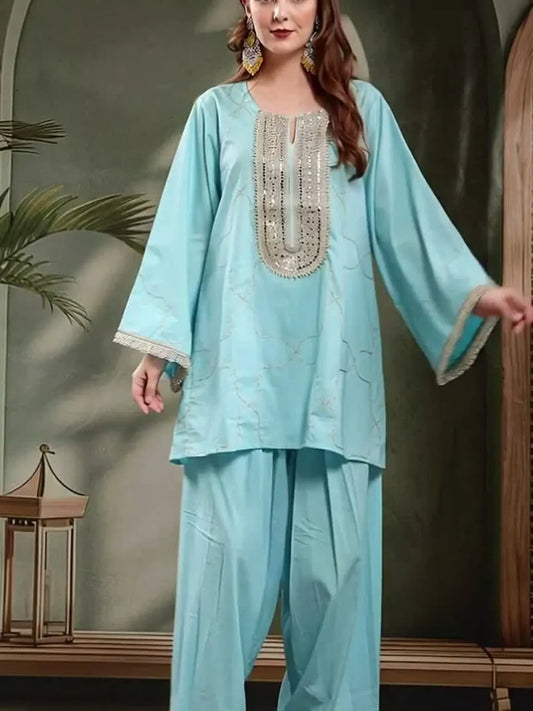 Women Ethnic Motifs Embroidered Regular Mirror Work Pure Cotton Kurta with Patiala