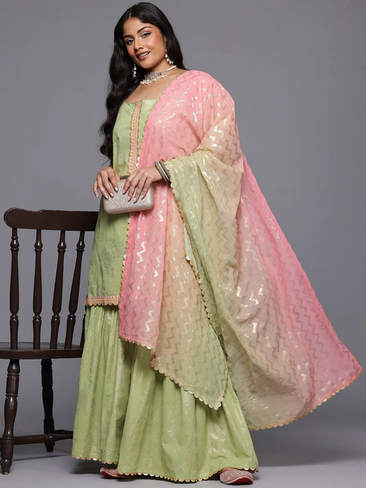 Plus Size Floral Printed Gotta Patti Pure Cotton Kurta & Sharara Set