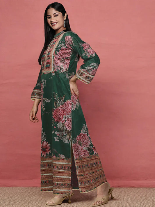 Plus Size Floral Printed Mandarin Collar Sequinned Silk Kurta