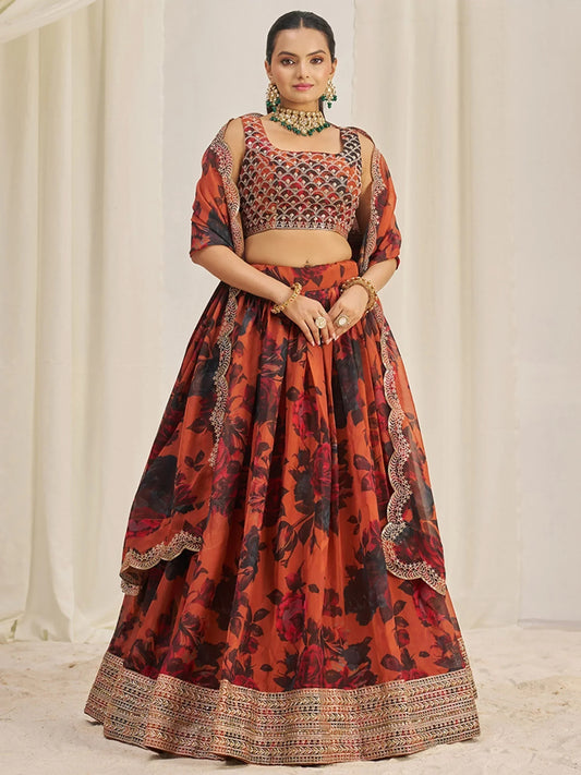 Stunning Orange Sequins Organza Party Wear Lehenga Choli With Dupatta