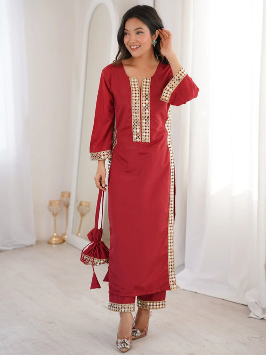 Stylish Mirror Laced Crepe Wedding Wear Kurti With Pant